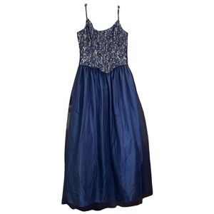 vintage Jessica McClintock Navy Blue Sequin Lace Mesh Formal Dress Gown 13/14